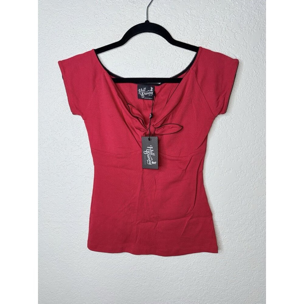 Hell Bunny Short Sleeve Shirt Tie Front Red NWTS New See Descr. Rockabilly XS E - Picture 5 of 6